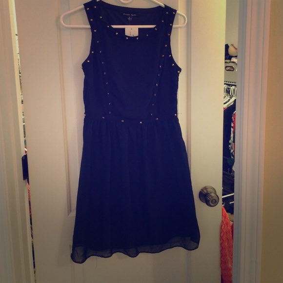 Sweet Rain navy blue dress with gold stud trim.