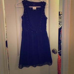 Sweet Rain navy blue dress with gold stud trim.