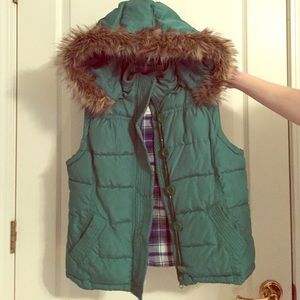 Flannel lined puffy vest with Fur hood