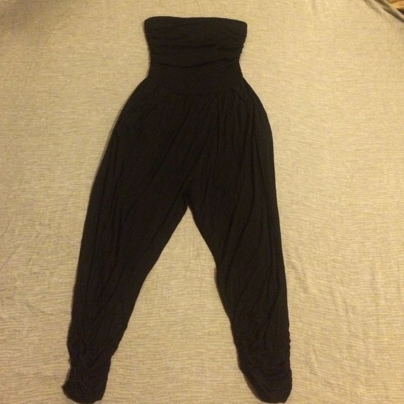 black ruched strapless jumpsuit