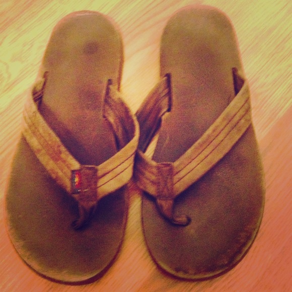 Rainbow flip flops.