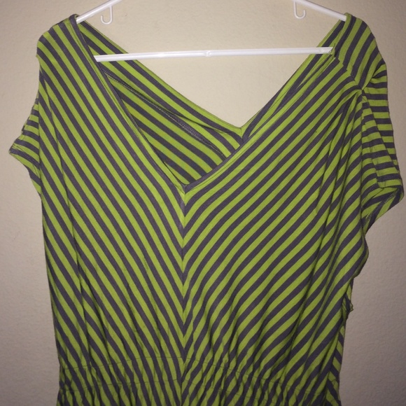 Green and grey striped high low dress.
