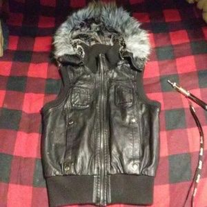 Black "Leather" faux fur hooded vest