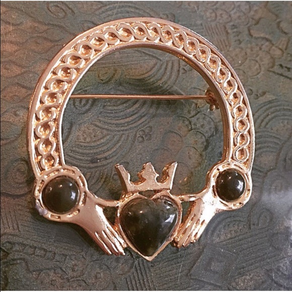 Vintage Irish Claddagh Emerald Brooch Ireland