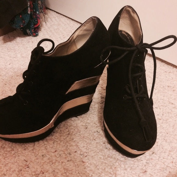 Gold and black wedge ankle booties