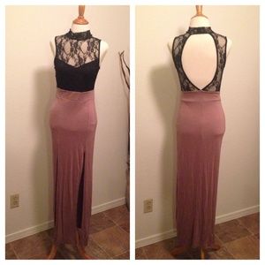 Lace bodice maxi, double slit skirt & keyhole back