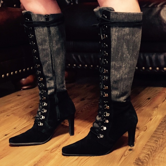 Vintage lace up suede and denim boots - Picture 2 of 4