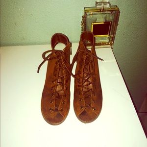 Tan open toe booties