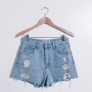 High Waist Denim Shorts / Destroyed Ripped Jeans