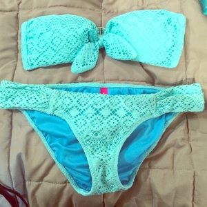 Aqua Crochet tie front bandeau bikini top