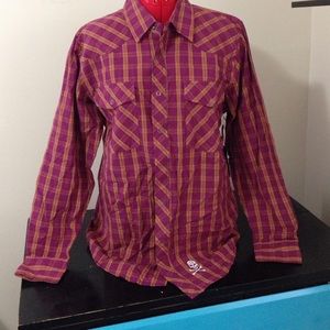 NWT lucky 13 skull plaid button up top medium