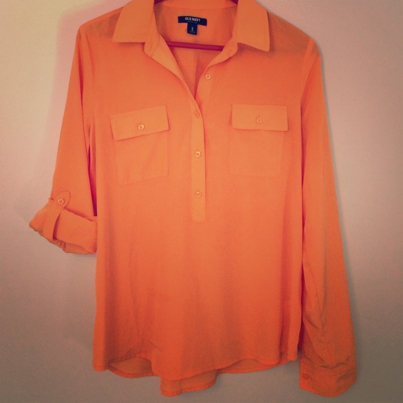 Orange silk 3/4 button up blouse