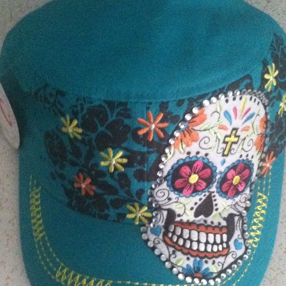 New turquoise rhinestone sugar skull cap