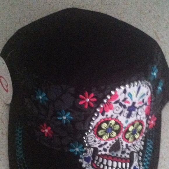 New black sugar skull cap with rhinestones