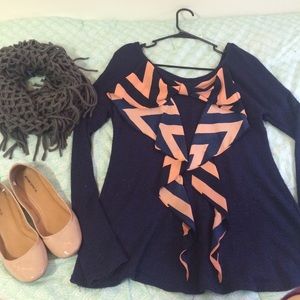 Navy and coral chevron bow sweater