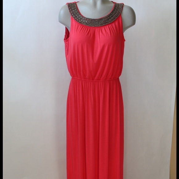 NWT Coral Maxi Dress with Beaded Neckline - Picture 1 of 4