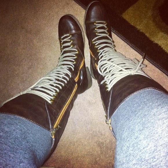 Almost knee high brown military boots