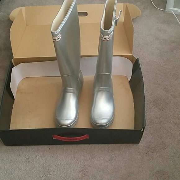 Silver tall Hunter rain boots
