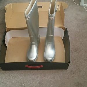Silver tall Hunter rain boots