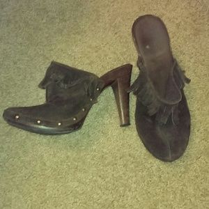 Brown suede fringed clogs with wood heels