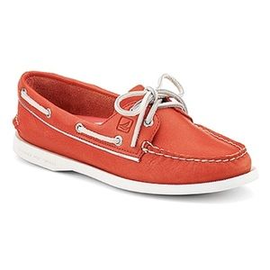 Coral patent leather sperrys