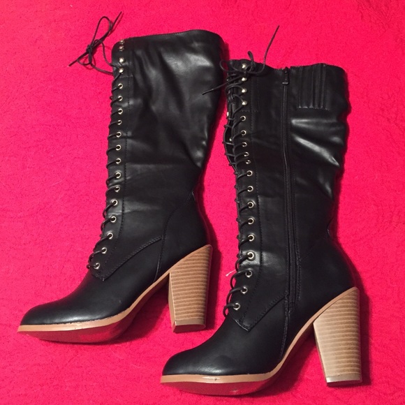 Black, lace and zip up knee high boots. - Picture 1 of 3