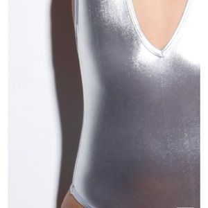 American Apparel Shiny Halter Bodysuit in Silver