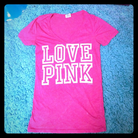 Victoria's Secret hot pink graphic v neck tee💗 - Picture 1 of 2
