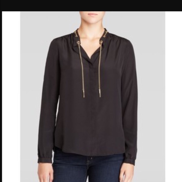 Michael Kors  navy silk shirt   with gold chain.