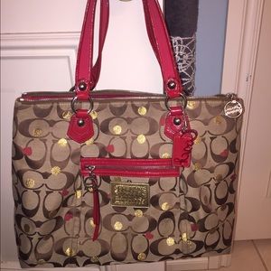 red and cold coach purse