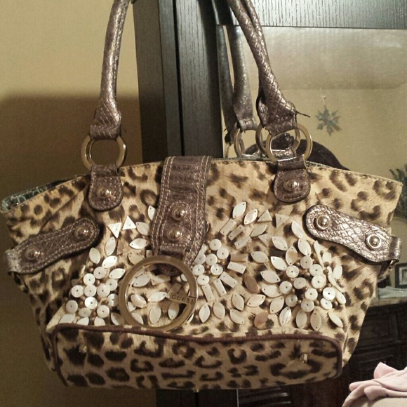 Guess Leppard print denim purse