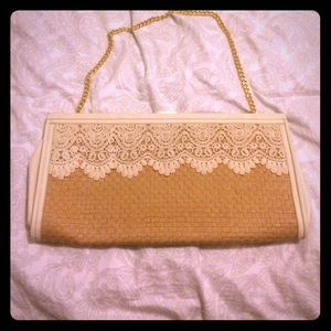Lace clutch with removable gold chain strap