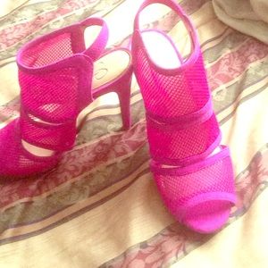 Pair of NEVER WORN hot pink suede mesh heels