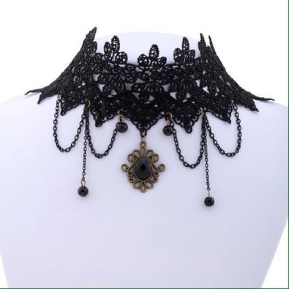 Black Braided Fabric Lace Choker Tassel Chain - Picture 4 of 4