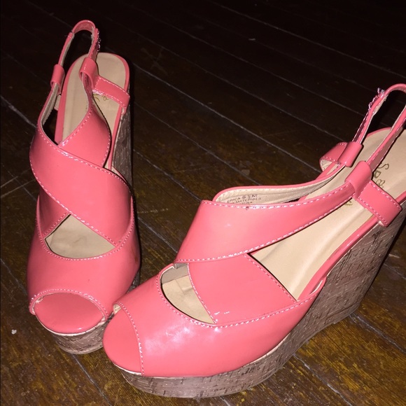 Coral and cork wedge heel