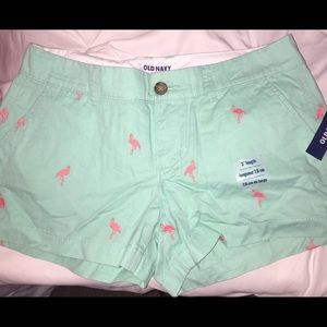 Mint green with salmon colored flamingo shorts!