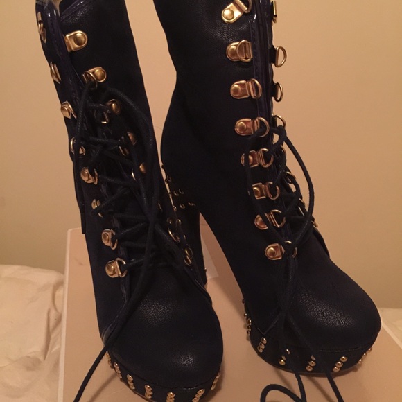 Navy Blue & Gold Studded Ankle Boots