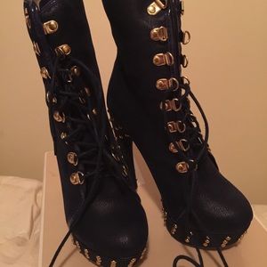 Navy Blue & Gold Studded Ankle Boots