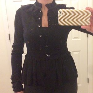 Black cardigan with chiffon collar and peplum