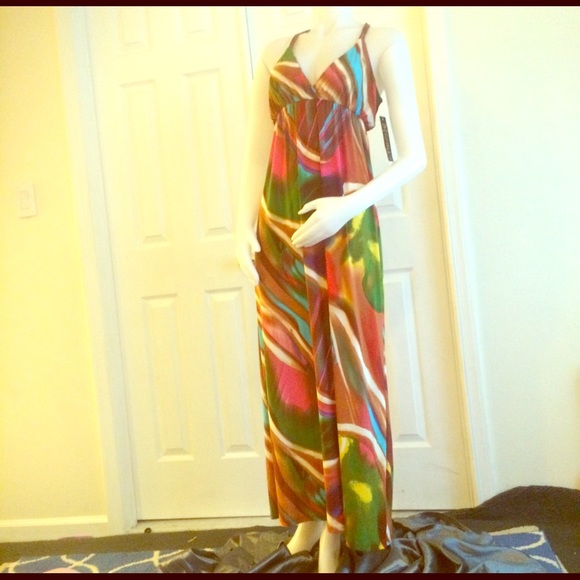 Ocean Blue Colorful Maxi long stretch dress M - Picture 2 of 5