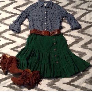 HOLD Anthropologie green corduroy tiered skirt