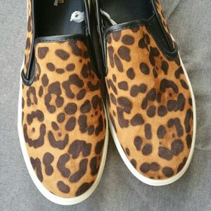 Suede leopard print slip on shoes