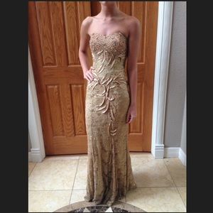 Gold floor length prom dress, not jovani
