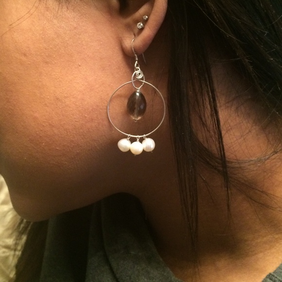 Smokey quartz and pearl solver dangle earrings
