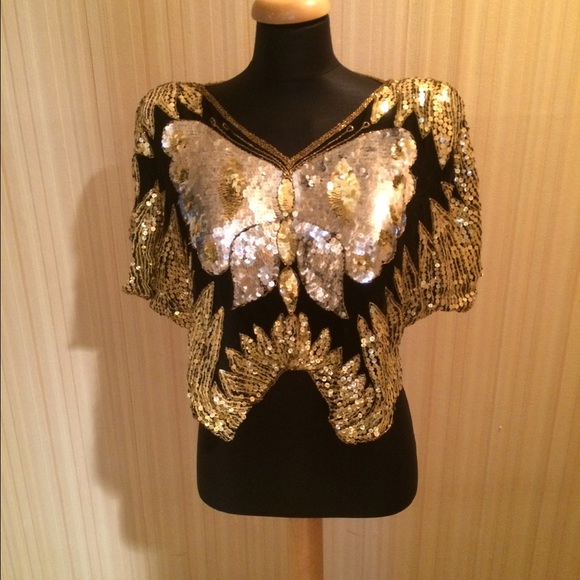 Vintage Tops Vintage Sequined Gold Butterfly Crop Top Nwt Poshmark