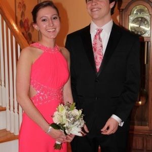 Full length Sequin Dark Coral Backless Prom Dress
