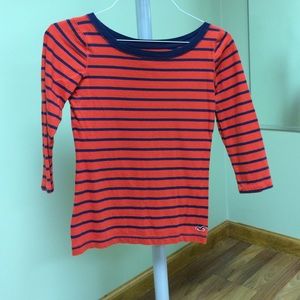 Orange and blue boat neck quarter-sleeve top