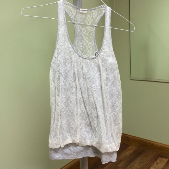Tank with gray underlay and lace overlay