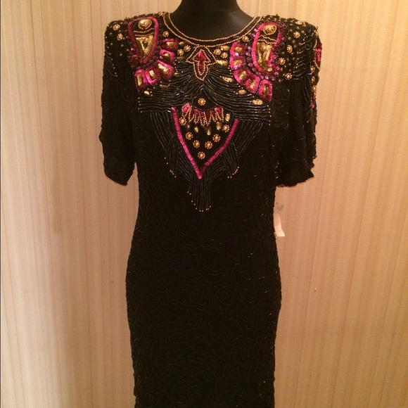 Vtg 80s Beaded Silk Cocktail Dress Keyhole Back