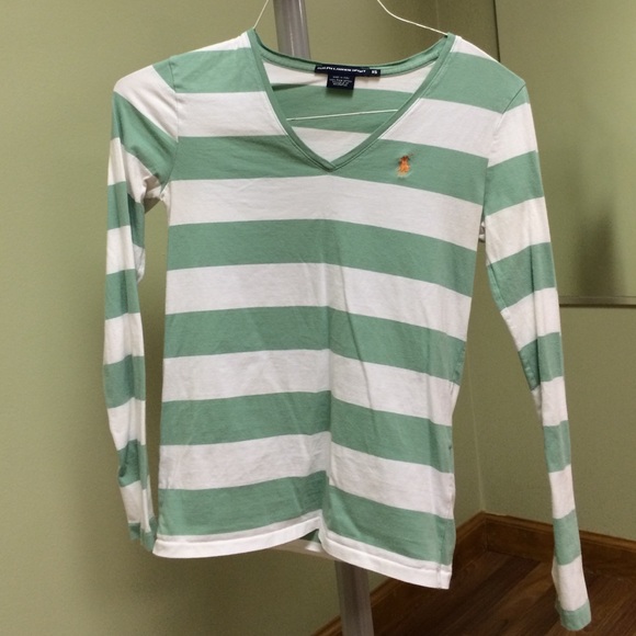 Green and white striped v-neck tee